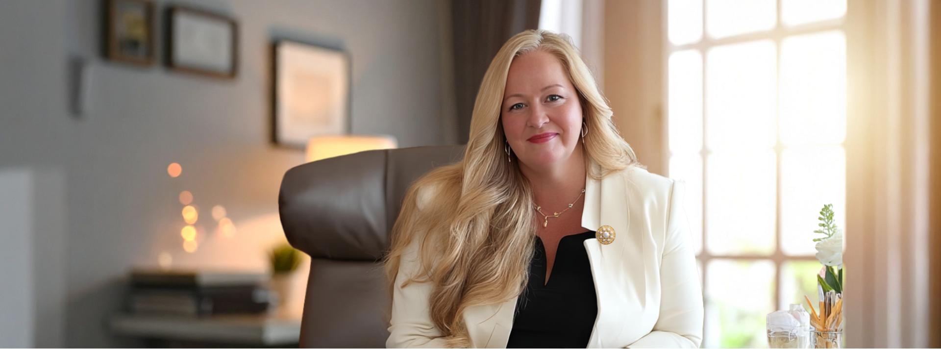 Margaret Bouse seated in her office